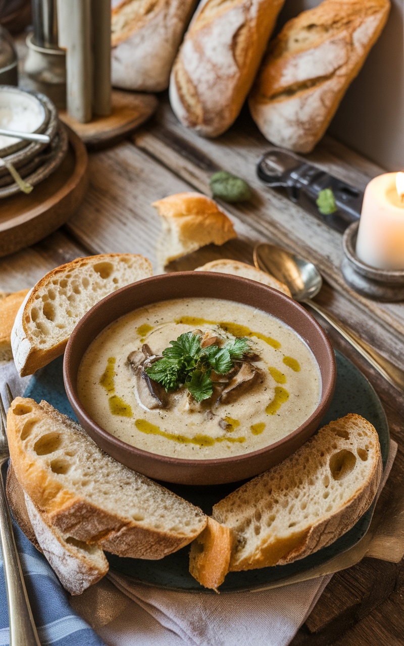 Creamy Garlic Mushroom Soup Recipe Creamy garlic mushroom soup in a bowl, garnished with parsley, on a wooden table with bread.